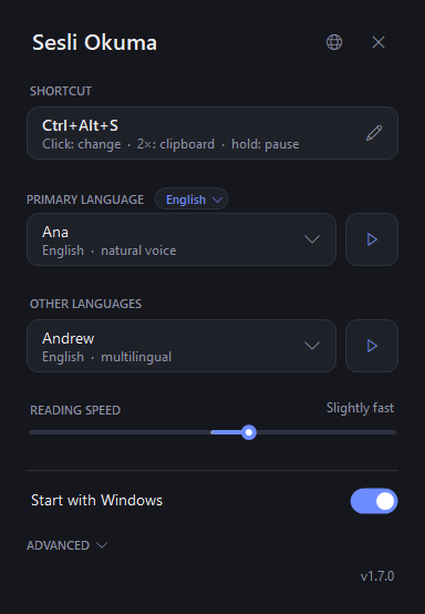 Settings panel